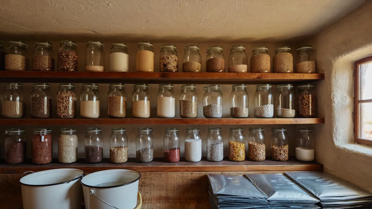 Pantry shelves with buckets, mylar bags and jars