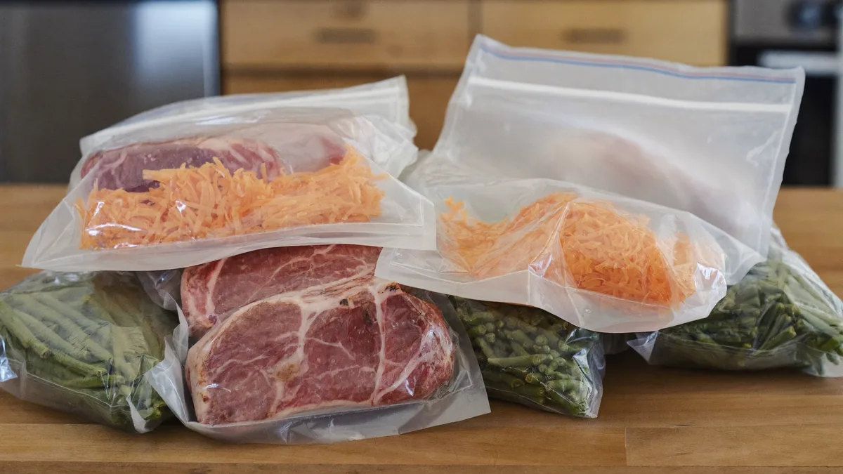 Vacuum sealed bags of food on a kitchen counter