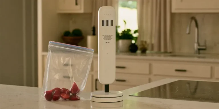 White handheld vacuum wand beside zipper bags of strawberries