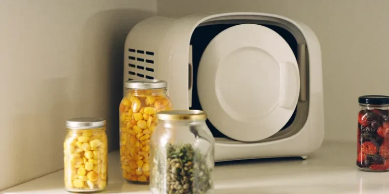 Compact freeze dryer with round door beside jars of freeze dried food
