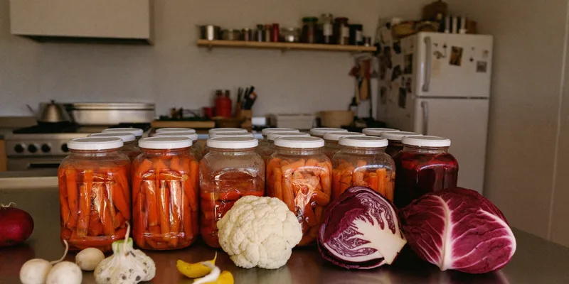 Jars of fermenting carrots and vegetables with fresh produce