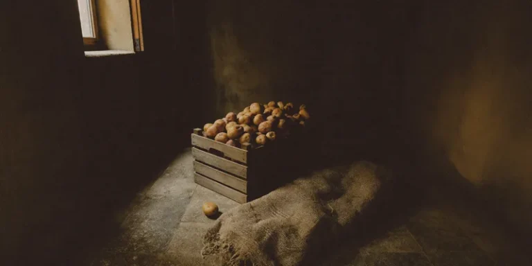 Crate of potatoes with a burlap sack in a dark cellar