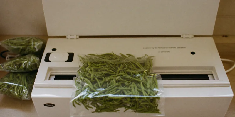 White vacuum sealer with a bag of green beans across the strip