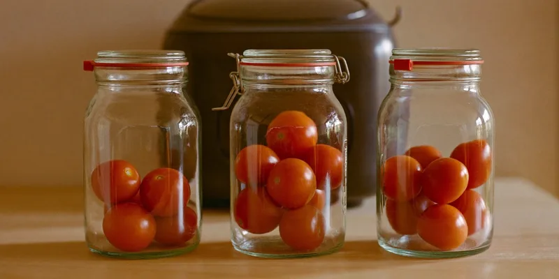 Jars of cherry tomatoes with a multicooker blurred in the background