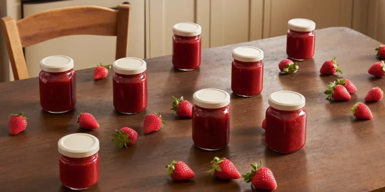 Small jars of strawberry jam with fresh strawberries on a table