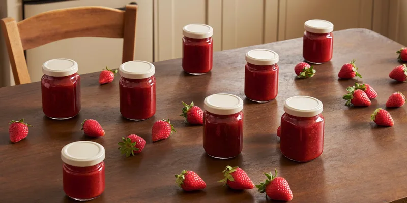 Small jars of strawberry jam with fresh strawberries on a table