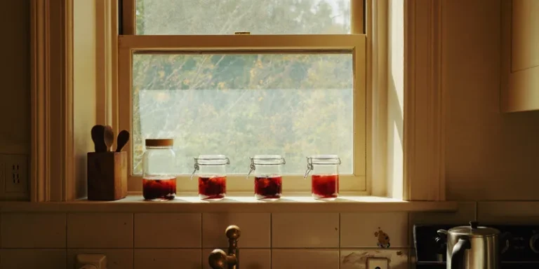 Small jelly jars glowing on a sunny windowsill