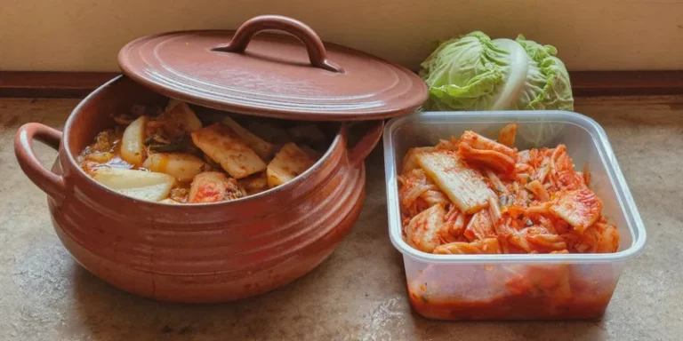 Earthenware onggi pot beside a container of kimchi