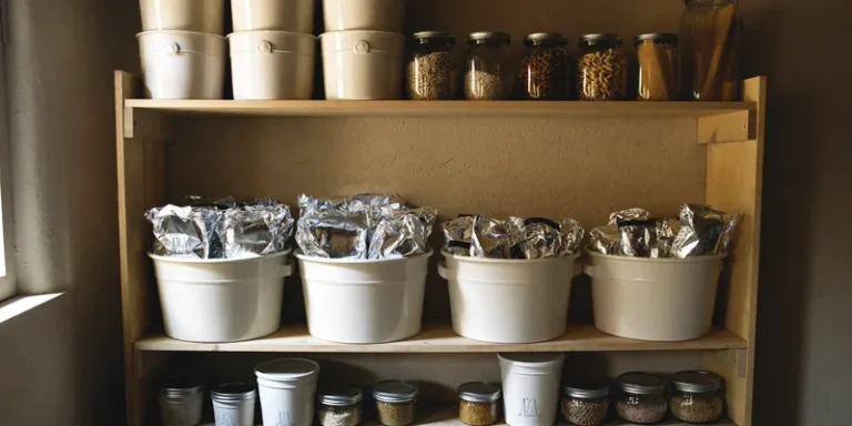 Cellar shelves with crocks, jars, foil pouches and buckets