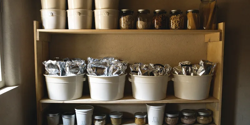Cellar shelves with crocks, jars, foil pouches and buckets