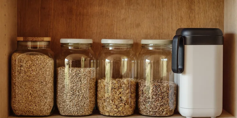 Jars of oats, beans and pasta with a small vacuum unit beside them