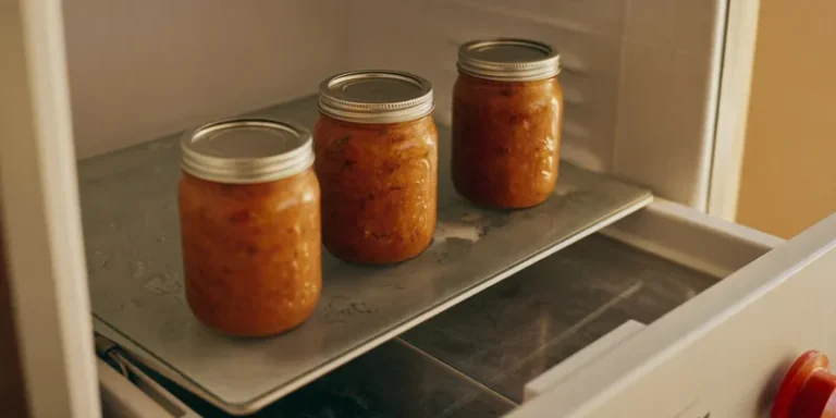 Mason jars filled with soup on a frosty freezer shelf