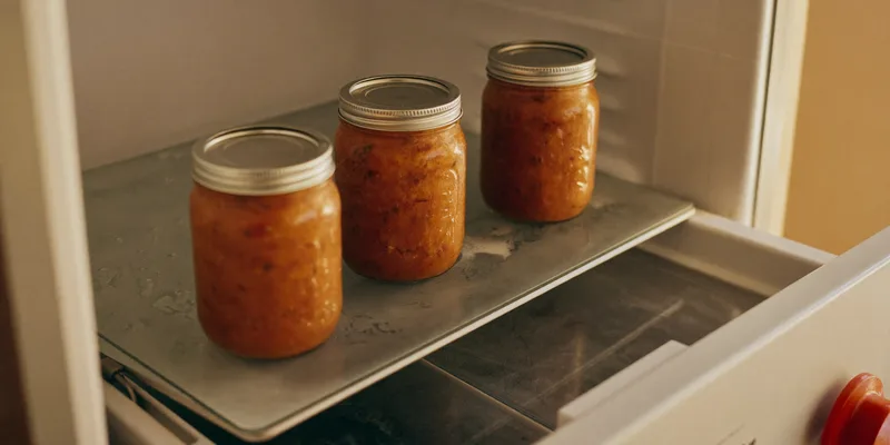 Mason jars filled with soup on a frosty freezer shelf