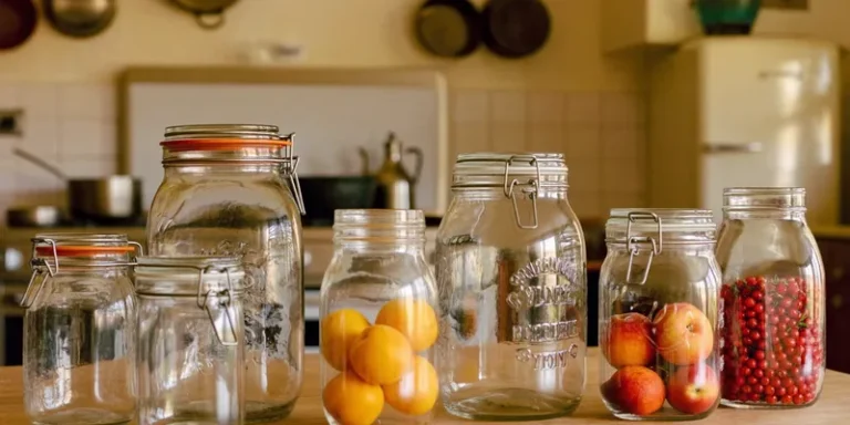 Assorted glass mason jars, some filled with fruit, on a farmhouse table