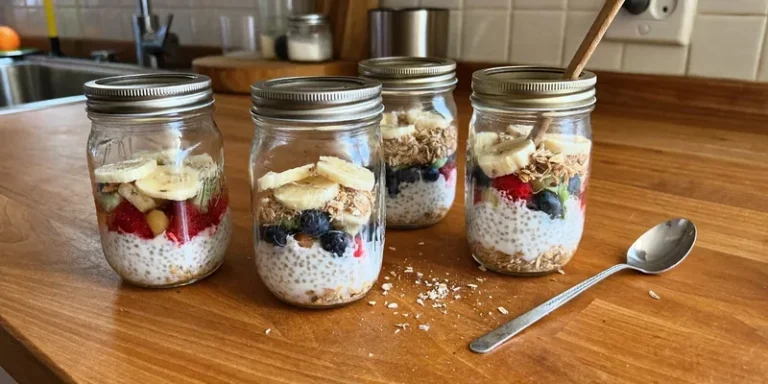 Mason jars with overnight oats layered with berries and banana on a wooden counter