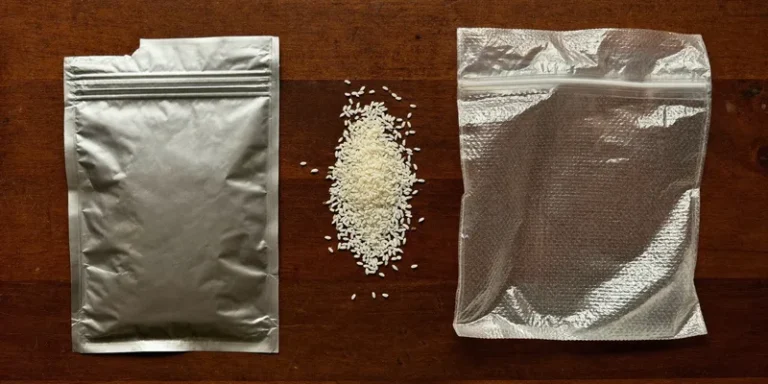 Bare silver mylar pouch beside a clear dimpled vacuum bag with rice