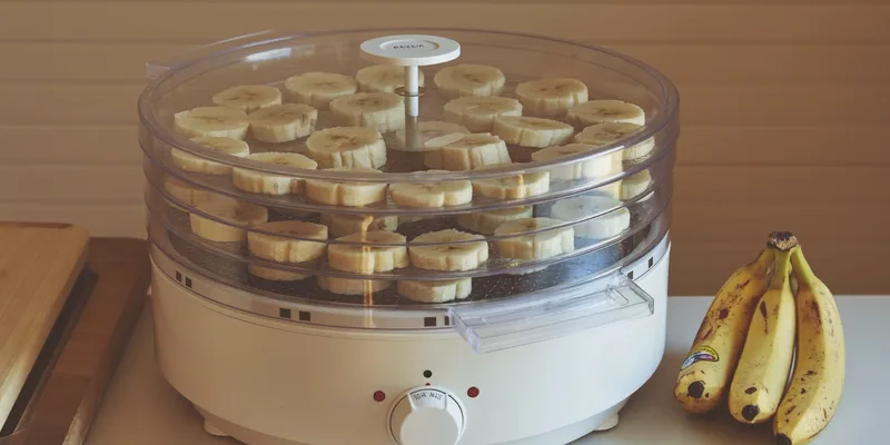 Round white stacked dehydrator with banana slices