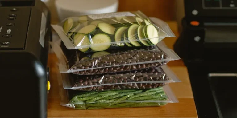 Stack of sealed bags of vegetables between two black sealers
