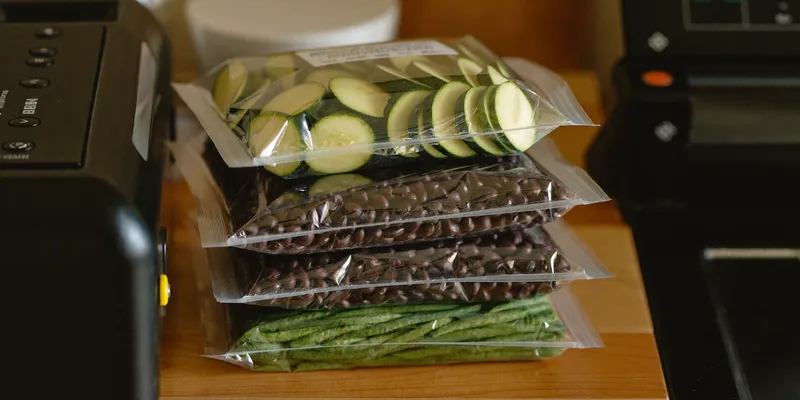 Stack of sealed bags of vegetables between two black sealers