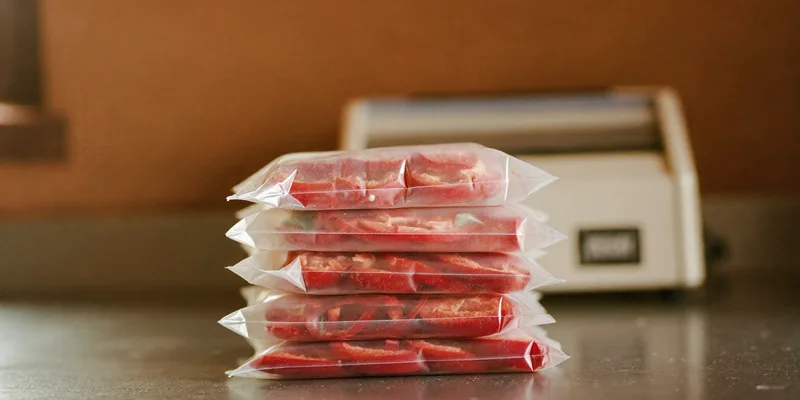 Stack of sealed bags of red peppers with sealer blurred behind