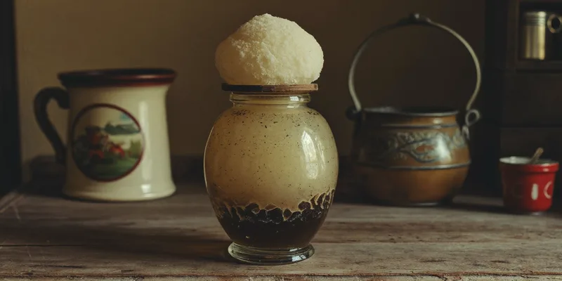 Old-fashioned preserving jar sealed with a thick wax layer on a vintage countertop