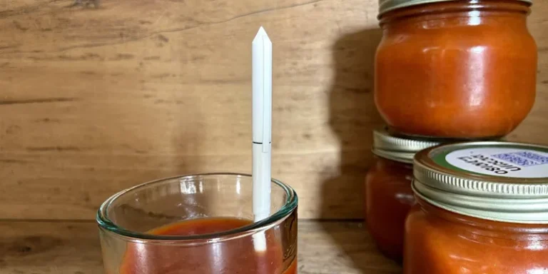 White pen probe standing in a beaker of red sauce