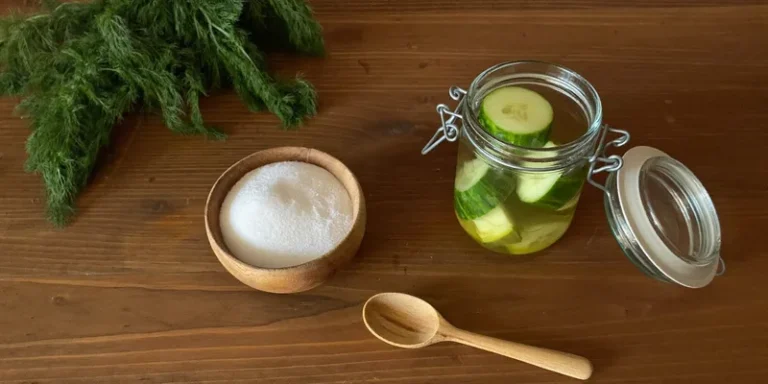Bowl of white granules beside a jar of cucumber pickles and dill