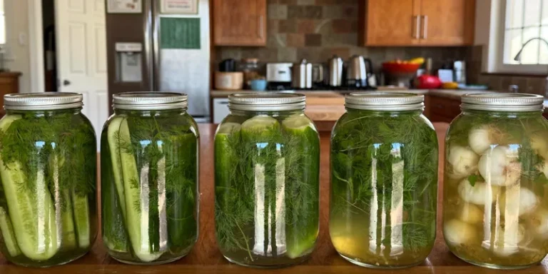 Glass jars packed with cucumbers, dill and garlic in brine