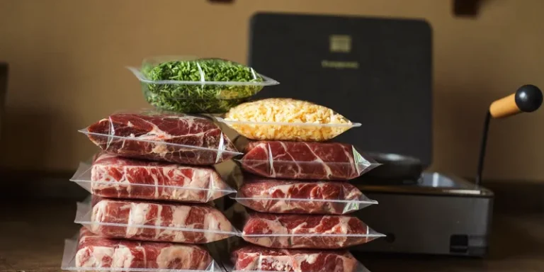 Stacked sealed bags of steak, cheese and greens