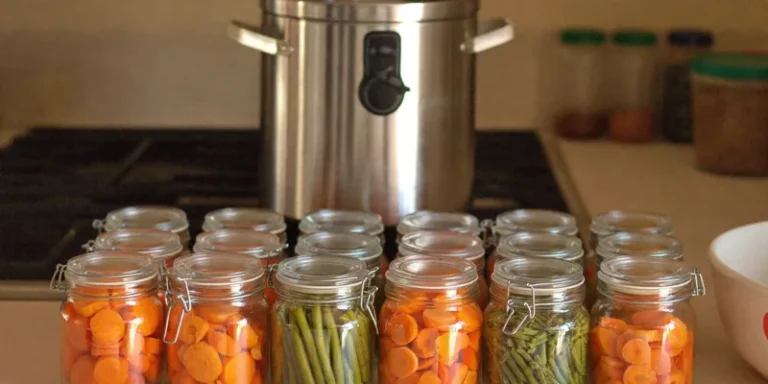 Jars of carrots and green beans in front of a stainless pressure canner on the stove