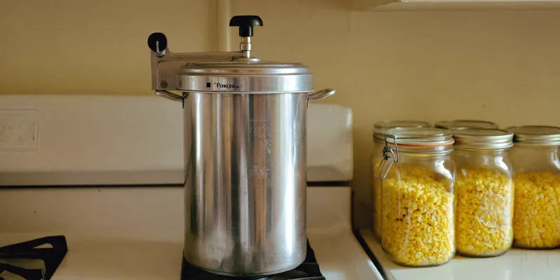 Tall aluminum pressure canner on a stove beside jars of corn