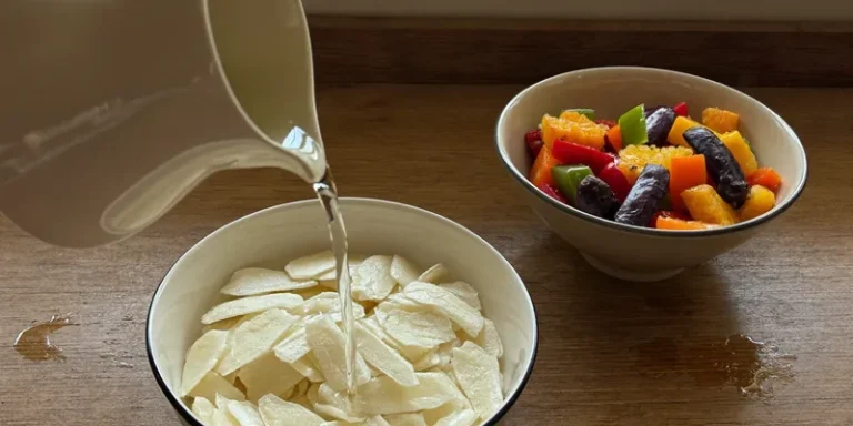 Water poured into a bowl of freeze dried vegetables