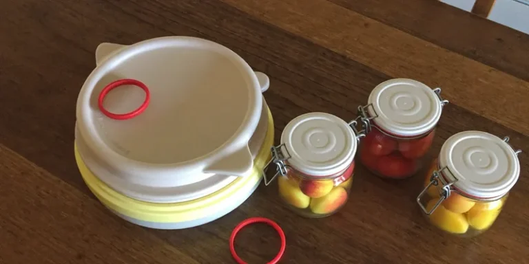 White reusable canning lids with red rings beside jars of fruit
