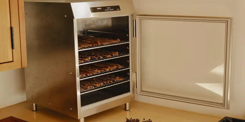 Stainless dehydrator with door open showing jerky racks
