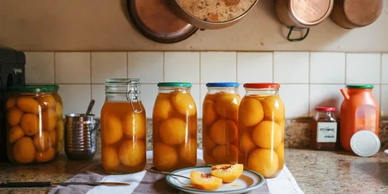 Jars of peaches with lowered syrup levels cooling on the counter