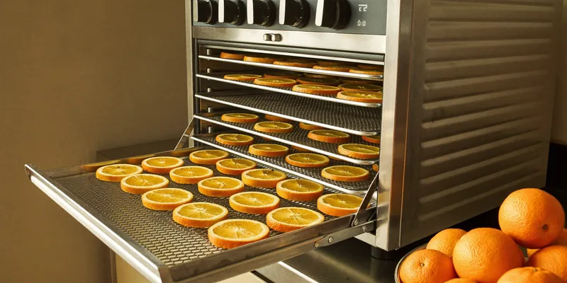 Stainless dehydrator with door open showing orange slices