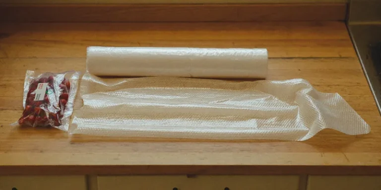 Roll of clear vacuum bag material with a sealed bag of berries
