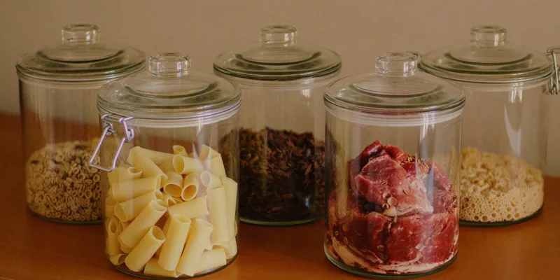 Glass vacuum canisters with pasta, cereal and marinating meat