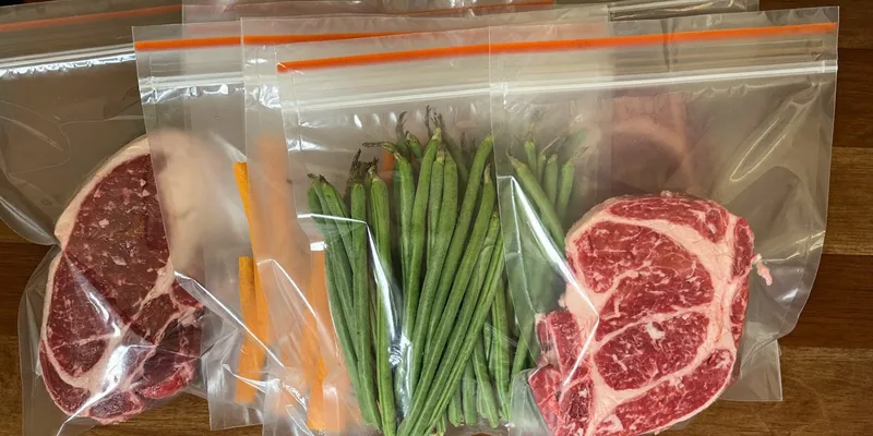 Sealed bags of steak, green beans and carrots stacked on a counter