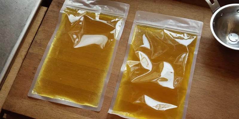 Two flat sealed pouches of golden broth on a counter