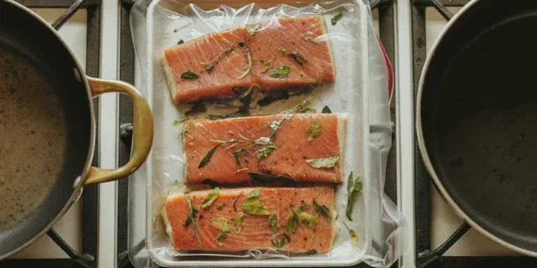 Vacuum sealed salmon fillets with herbs between two pots