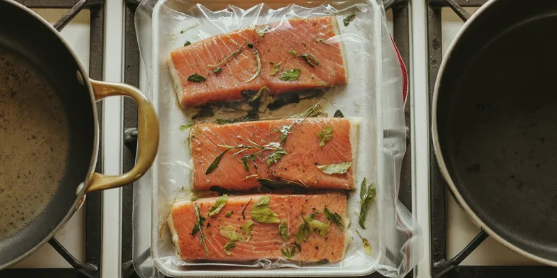 Vacuum sealed salmon fillets with herbs between two pots