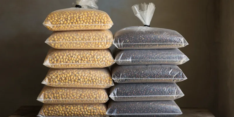Stacked bare sealed bags of corn and beans