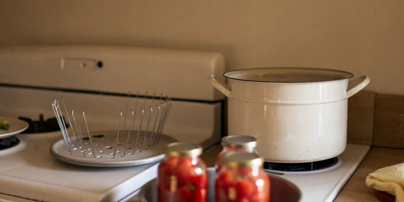 Enamel water bath canning pot on a stove with a wire jar rack and jars of tomatoes