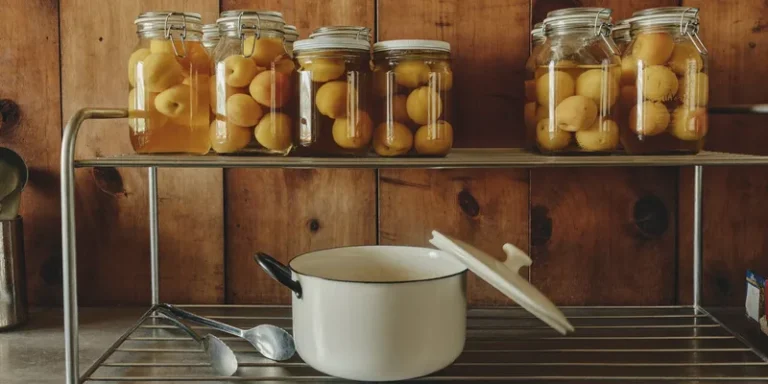 Jars of preserved apricots on a shelf above an enamel canning pot with tongs