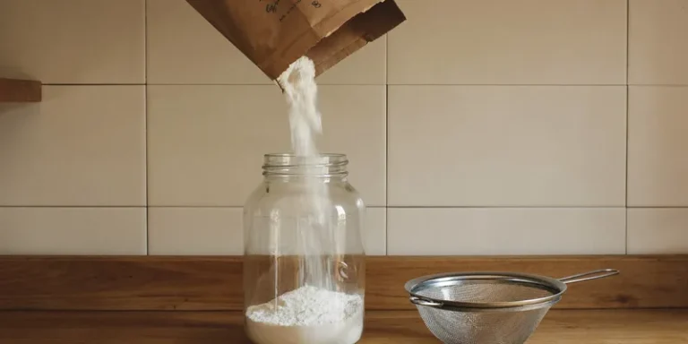 Flour pouring from a paper sack into a glass jar with a sieve