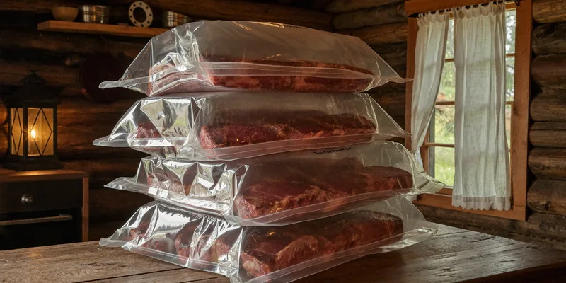 Thick vacuum packs of venison in a cabin by lantern light