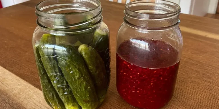 Wide mouth jar of pickles beside a regular mouth jar of jam